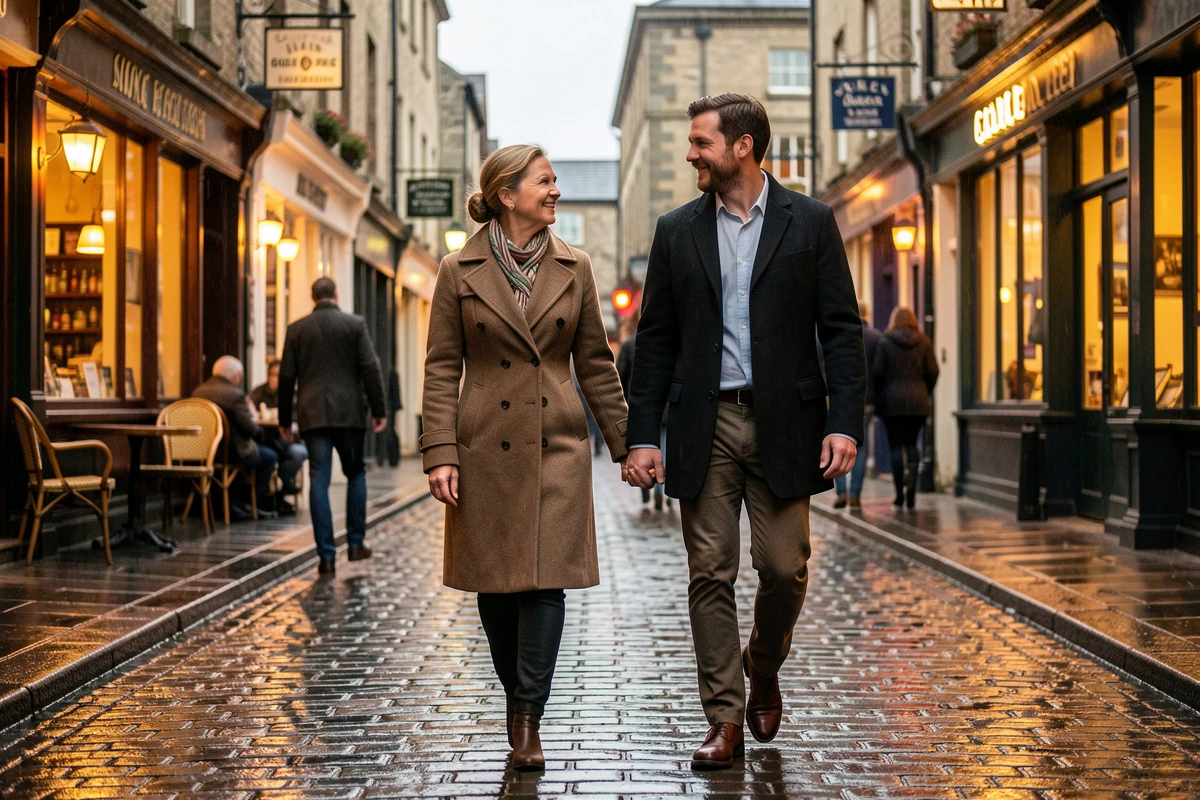 An older woman and younger man walking through a rain-swept Galway street