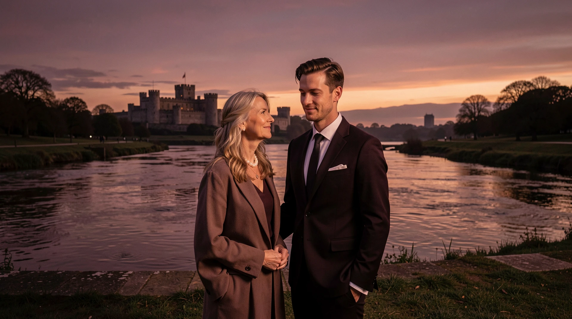An older woman and younger man walking beside the River Shannon at sunset