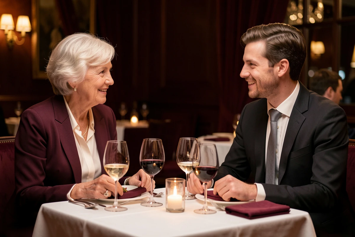 An older woman and younger man talking over dinner in an elegant restaurant