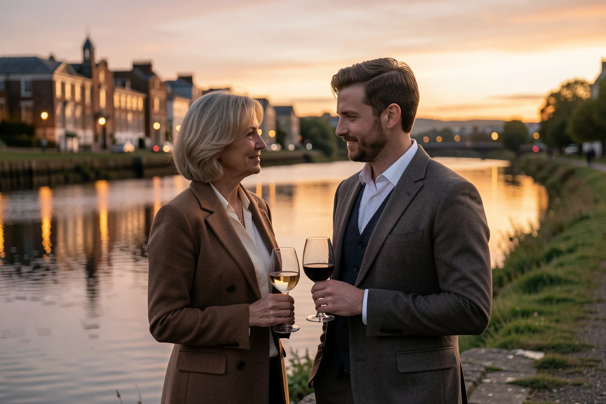 An older woman and younger man talking beside the River Shannon at sunset